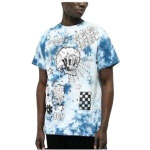 A Lab Blue Tie Dye Graphic Tee Never Grow Up Skull Daisy Men’s T-Shirt Size M
